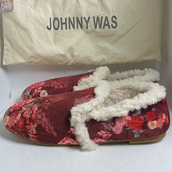 Johnny Was Sweet Bouquet Floral Cozy Shearling Loafer Slippers Burgundy Size 7 - Picture 5 of 13